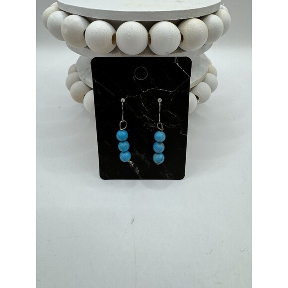 Blue Turquoise Bead Stacked Drop Earrings Sterling Silver Boho Southwest Minimal - Picture 2 of 8